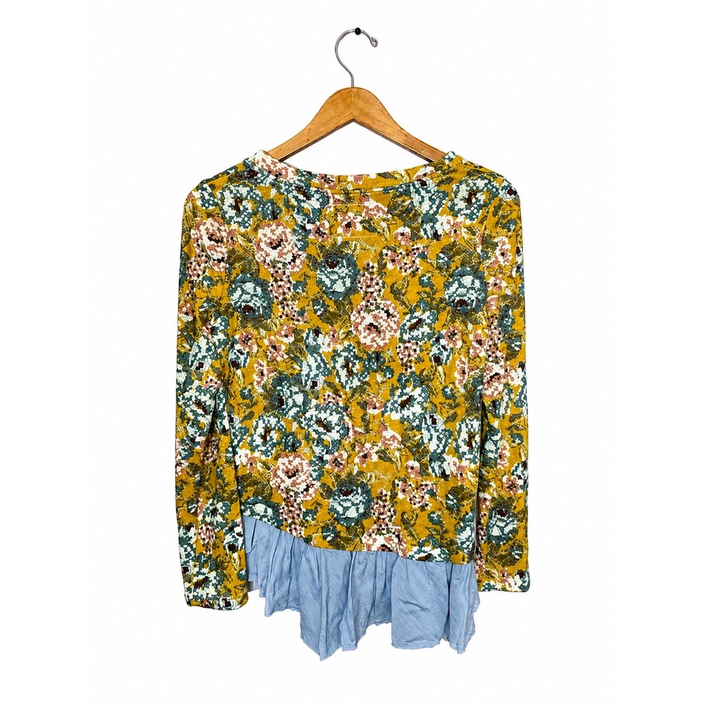Anthropologie Lilka Floral Knit Top Chambray Ruffle Hem Long Sleeve Size S NWT - Picture 3 of 8